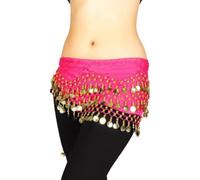 Alpha Belly Dance Hip Scarves with Dangling Gold Coins - Performance Costume Skirt for Yoga Class - One Size, Regular Fit - Hot Pink