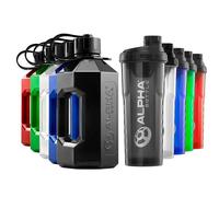 Alpha Designs 2 Pack Water Bottle (2.4L) & Protein Shaker Bottle (1L) Bundle - Gym Gifts for Men & Women - Black