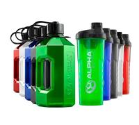 Alpha Designs 2 Pack Water Bottle (2.4L) & Protein Shaker Bottle (1L) Bundle - Gym Gifts for Men & Women - Green