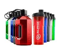 Alpha Designs | 2 Pack Water Bottle (2.4L) & Protein Shaker Bottle (1L) Bundle | Red