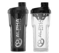 Alpha Designs Protein Shaker Bottles 2 Pack (750ml) Gym Gifts for Men & Women - 0.75L Gym Bottles for Protein Shakes - Black and Clear