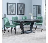 Alpha Extending Dining Set - 4-6 Seater - 140cm-180cm - Black Ceramic - Corona Dining Chair - Green Fabric
