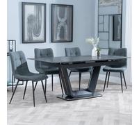 Alpha Extending Dining Set - 4-6 Seater - 140cm-180cm - Black Ceramic - Corona Dining Chair - Light Grey Fabric