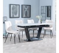 Alpha Extending Dining Set - 4-6 Seater - 140cm-180cm - White Ceramic - Corona Dining Chair - Beige Fabric