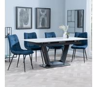 Alpha Extending Dining Set - 4-6 Seater - 140cm-180cm - White Ceramic - Corona Dining Chair - Blue Fabric
