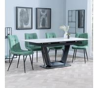Alpha Extending Dining Set - 4-6 Seater - 140cm-180cm - White Ceramic - Corona Dining Chair - Green Fabric