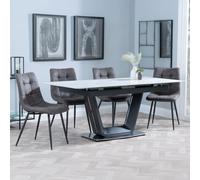 Alpha Extending Dining Set - 4-6 Seater - 140cm-180cm - White Ceramic - Corona Dining Chair - Grey Fabric