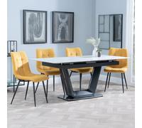 Alpha Extending Dining Set - 4-6 Seater - 140cm-180cm - White Ceramic - Corona Dining Chair - Yellow Fabric