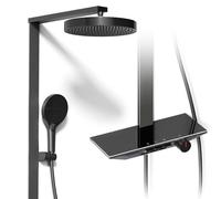 ALPHA HOME Thermostatic Shower Mixer Set Shower Riser Rail Shower Mixer with Twin Heads Adjustable Overhead Rainfall 150 CM Shower Hose, 3 Jet Types Handheld Shower System