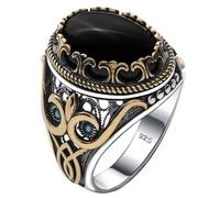 Alpha Rock Genuine Solid 925 Sterling Silver Accented with Bronze and Stone Authentic Vintage Turkish Ottoman Style Ring for Men, Sterling Silver, Natural Onyx
