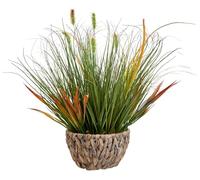AlphaAcc 17.5 Inch Artificial Grass Plant with Pebbles Full Realistic Faux Plant Featuring Natural Curved Grass Leaves in Green and Red Brown Tones, Rustic Woven Pot Fake Plant for Home Office Decor