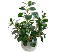 AlphaAcc 17.8 Inch Artificial Ficus Plant Potted Faux Greenery in Gray Round Vertical Striped Cement Planter with Pebbles Realistic Fake Plant for Indoor Modern Home Kitchen Living Room Office Decor