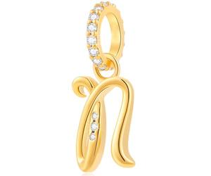 Alphabet CZ Letter N Pendant Charm, 18K Yellow Gold Plated 925 Sterling Silver Initial N Dangle Beads fit Pandora DIY Name Bracelet, Gift for Niece/Nephew/Nana Granny/Nurse