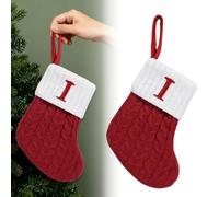 Alphabet Decorations Stockings, Christmas Stockings with Embroidered Initial Letter, Cable Knit Red Xmas Stockings with White Cuffs, Hanging Decor for Home, Family, Fireplace, Xmas Holiday (I)