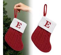 Alphabet Decorations Stockings, Christmas Stockings with Embroidered Initial Letter, Cable Knit Red Xmas Stockings with White Cuffs, Hanging Decor for Home, Family, Fireplace, Xmas Holiday (E)