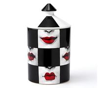 AlphaDesignLuxe Decorative Candle Holder Handcrafted Aromatherapy Candle Jar Italian Designer Décor Fashionable Tabletop Vase Modern Art Female Face Eyes Lips Centerpiece. (Red Lips Black Squares)