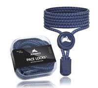 ALPHAPACE Pace Locks with Button Lock Elastic Shoelaces No Laces Slip-On Quick Release for Sports, Youth & Elderly, 120 cm, Navy Blue W/W Stripes, One Size