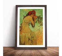 Alphonse Mucha Lady with Red Flowers in her Hair Framed Print Walnut A2 | Ready to Hang, Satin Fine Art Paper, Fade-Resistant Inks, Acrylic Glazing, Securely Packaged, Made in the UK