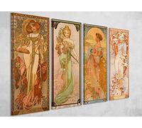 Alphonse Mucha The Four Seasons (1900) Set of 4 Framed Canvas Wall Art Picture Prints Print Home Decor Nouveau Bohemian (4 x 30x12 inch)