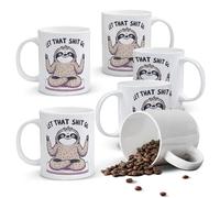 Alphynix 1pc 11oz White Mug with "LET THAT SHIT GO" Mindful Sloth Meditation Design, Zen Humor Christmas or Thanksgiving Gift