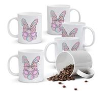 Alphynix 1pc Cute Rabbit Mug, 11oz Ceramic Coffee Cup with Pink Heart Glasses and Colorful Bubbles, Adorable Gift for Girls, Kids, Bunny Lovers