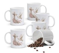 Alphynix 1pc Dove and Cross Mug, 11oz White Ceramic Cup with Flying Pigeon, Floral Cross and Pink Flowers, Serene Gift for Peace Lovers, Christian Home