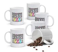 Alphynix 1pc Easter Celebration Mug, 11oz White Ceramic Cup with Tie-Dye Leopard "EASTER" Letters, Bunny & Egg Characters on Checkerboard, Festive Spring Gift