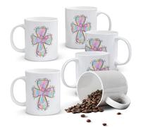 Alphynix 1PC He is Risen Mug, 11oz Easter Christian Gift with Cross Design and Pink Bow, Religious Scripture Cup for Easter Celebration, Church Gift, Bible Verse Matthew 28:6, Inspirational Ceramic Co