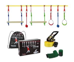 ALPIDEX Ninja Kids Slackline Obstacles Set Gymnastic Rings Rope Knots Swing Climbing Ladder Accessories Extendable Warrior Course, Stil:Basic
