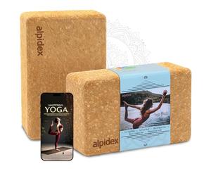 ALPIDEX Yoga block set of 2 in book with 100 exercises ecological and sustainable natural cork from Portugal cork block yoga pilates fitness brick, Size:2 pieces - 23 x 14 x 7.5 cm