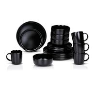 alpina 16-Piece Dinnerware Set - 4 Person Place Setting - Stoneware Dinnerware - Breakfast Plates, Dinner Plates, Bowls, and Mugs - Microwave and Dishwasher Safe - Black