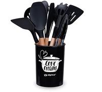 alpina 8711252240268 Kitchen Utensils Set with Holder Pack of 12, Wood Plastic, Black