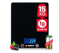 alpina Digital Kitchen Scales - Up to 15 kg in 1 g increments - Flat Digital Kitchen Scales 22.5 x 18.5 x 2 cm with Tempered Glass Base - g, kg, ml, oz, fl'oz, lb:oz, Black