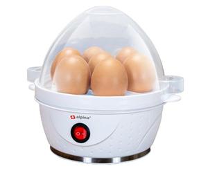 alpina Electric Egg Cooker - Egg Cooker for 7 Eggs - Includes Measuring Cup, Egg Holder and Egg Drills - 230V - 320-380W - Warning Signal - Non-Slip, White