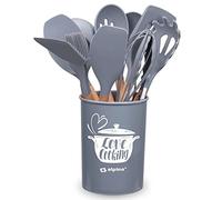 alpina 8711252240282 Grey Kitchen Crockery Set with Holder Pack of 12, Wood Plastic