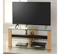 alpine 1050mm wooden corner tv stand with 3 glass shelves in oak