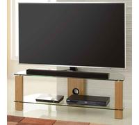 alpine 1200mm wooden corner tv stand with 2 glass shelves - oak