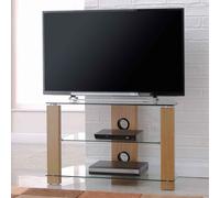alpine 800mm wooden corner tv stand with 3 glass shelves - oak