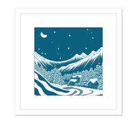 Alpine Blue Winter Snow Scene Mountain Alps Square Wooden Framed Wall Art Print Picture 8X8 Inch Artery8 White One Size