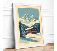 Alpine Chalet in Snow Vintage Framed Wall Art Print A2 (59.4×42cm) White, Wall Decor for Living Room, Bedroom, Office & Home, Ready to Hang, Art Gift