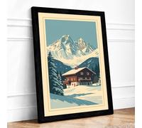 Alpine Chalet in Snow Vintage Framed Wall Art Print A3 (42×29.7cm) Black, Wall Decor for Living Room, Bedroom, Office & Home, Ready to Hang, Art Gift