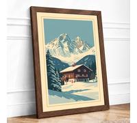 Alpine Chalet in Snow Vintage Framed Wall Art Print A3 (42×29.7cm) Walnut, Wall Decor for Living Room, Bedroom, Office & Home, Ready to Hang, Art Gift