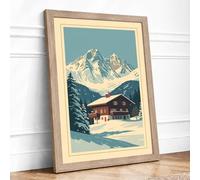 Alpine Chalet in Snow Vintage Framed Wall Art Print A4 (29.7×21cm) Oak, Wall Decor for Living Room, Bedroom, Office & Home, Ready to Hang, Art Gift