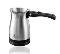 Alpine Cuisine Electric Turkish Coffee & Tea Maker | Stainless Steel Pot for Traditional Arabic & Greek Brewing | 4-Cup Capacity, Cool-Touch Foldable Handle, Cordless Base, Silver/Black
