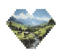 Alpine Farm Cows Print Building Brick Block Puzzle - Heart Shaped Picture Puzzles, Wooden Picture Jigsaw Puzzles