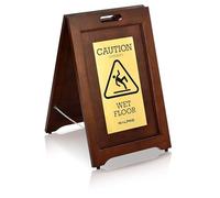 Alpine Industries 2-Sided Wooden Brass Plated Wet Floor Sign - A-Frame Warning Notice - Sturdy Double Sided Fold Out Bilingual Floor Safety Alert Ideal for High End Commercial Use