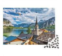 Alpine Lake Church Puzzles for Elderly 1000 Piece Recyclable Mountain Village Jigsaw Puzzles Puzzle Game Props Impossible Hard Difficult Challenging Activity 52x38cm/1000pcs