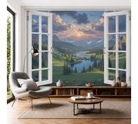 Alpine Lakes Photo Mural 3D Artificial Window Natural Scenery Photo Wallpaper 3D Effect Silk Wall Covering 450x315cm Wall Art for Bedroom, Living Room, Hallway, Children's Room Decor, Blue-Gray