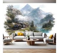Alpine Landscape Panoramic Mural Wallpaper 390 x 260 cm Retro steam Train Wall Mural Non-Woven Art Print Wallpaper Living Room Bedroom Sofa TV Backdrop Decoration Poster Picture Photo