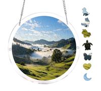 Alpine Meadow at Dawn with Hazy Hills 7.8x7.8Inch Round Acrylic Puzzle Hanging Decor
